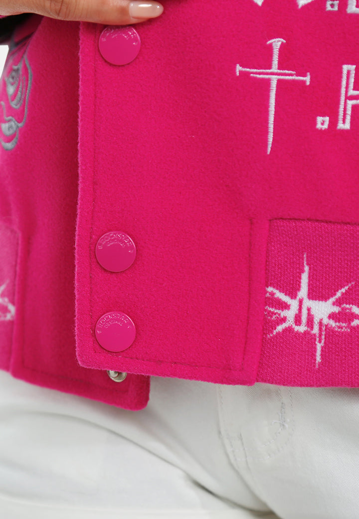 women text printed varsity jacket#color_fuschia