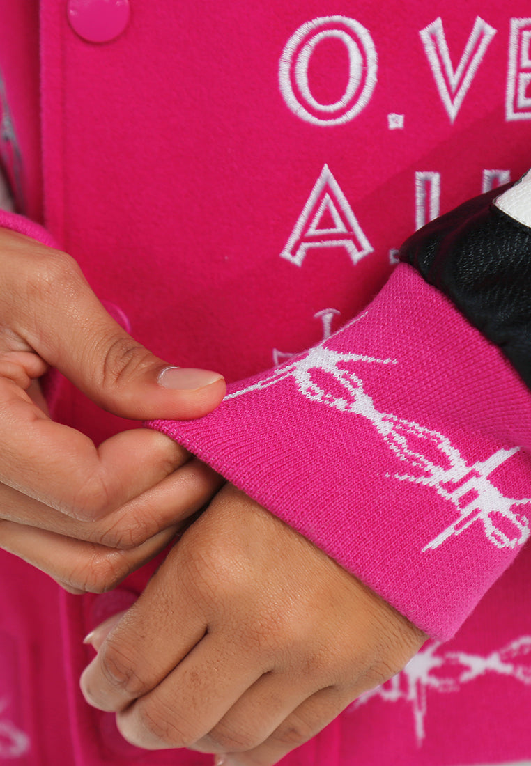 women text printed varsity jacket#color_fuschia