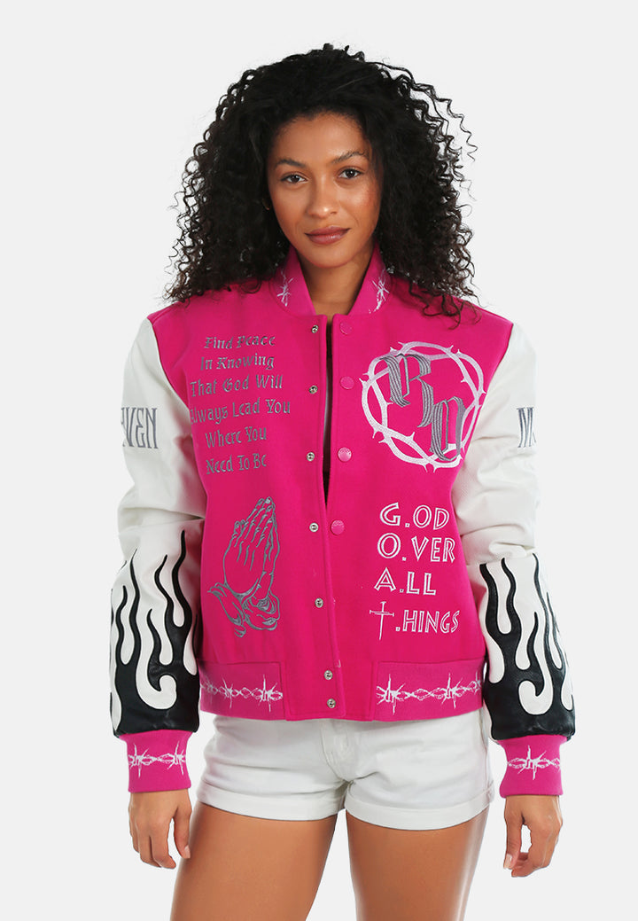 women text printed varsity jacket#color_fuschia