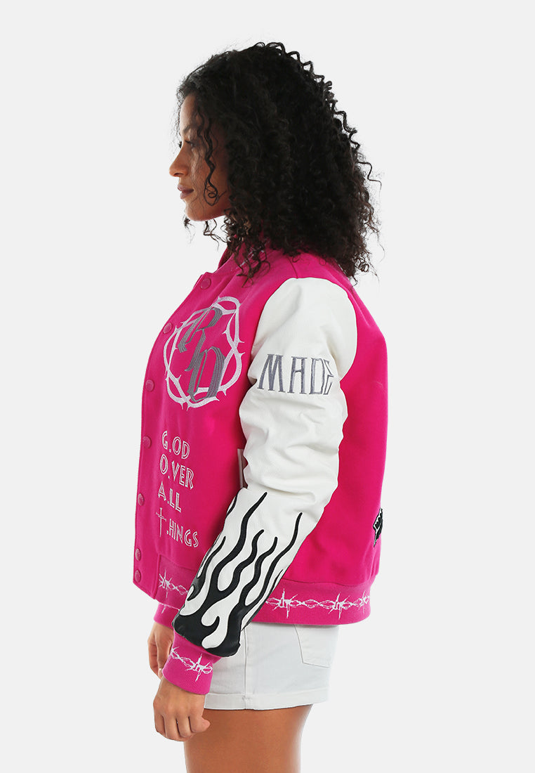 women text printed varsity jacket#color_fuschia