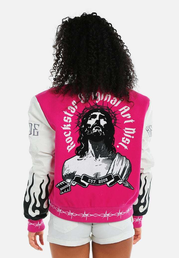 women text printed varsity jacket#color_fuschia