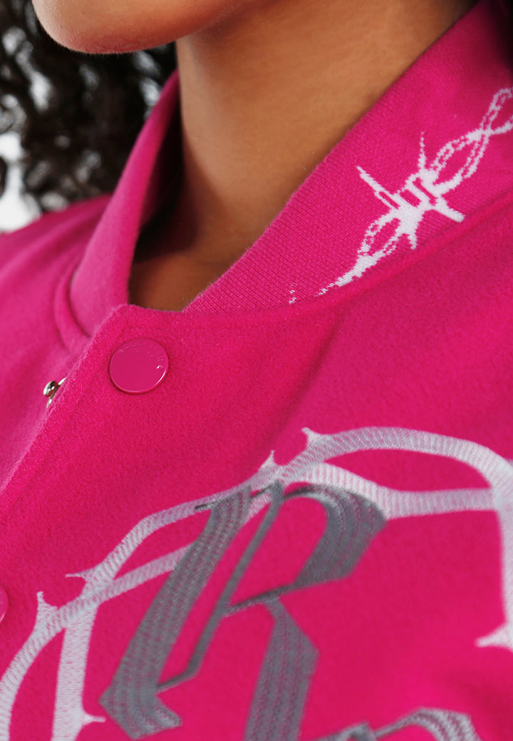 women text printed varsity jacket#color_fuschia