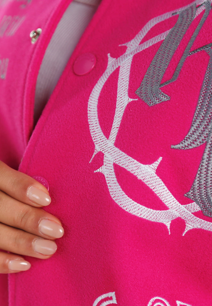 women text printed varsity jacket#color_fuschia