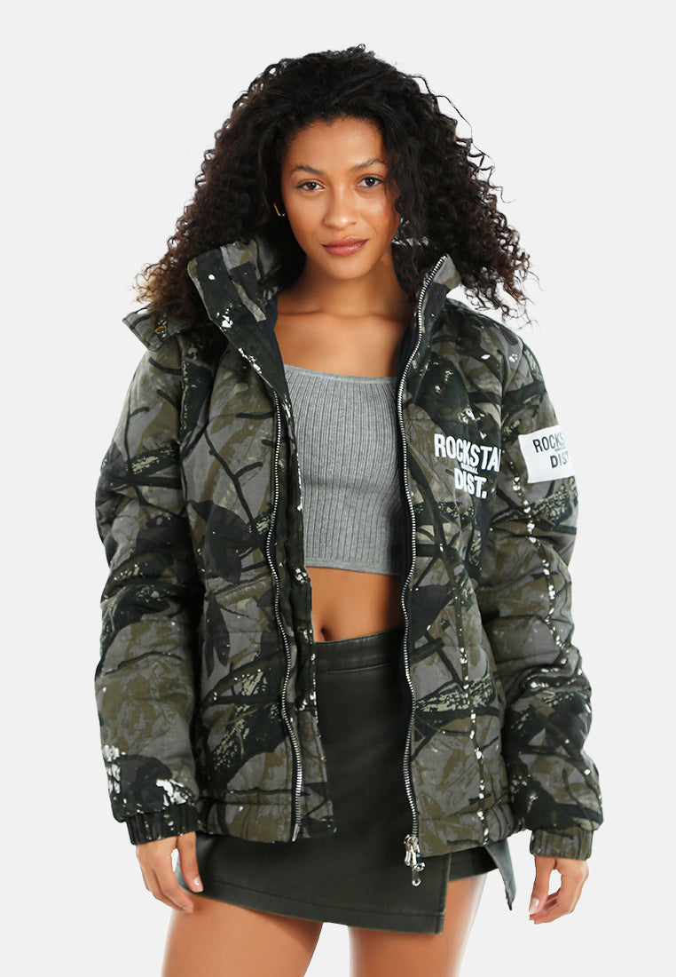 women military style puffer jacket#color_camouflague