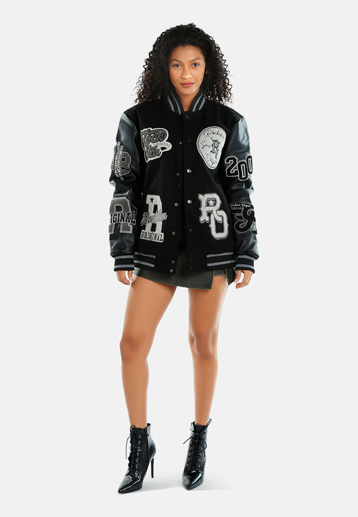 women logo patch varsity jacket#color_black