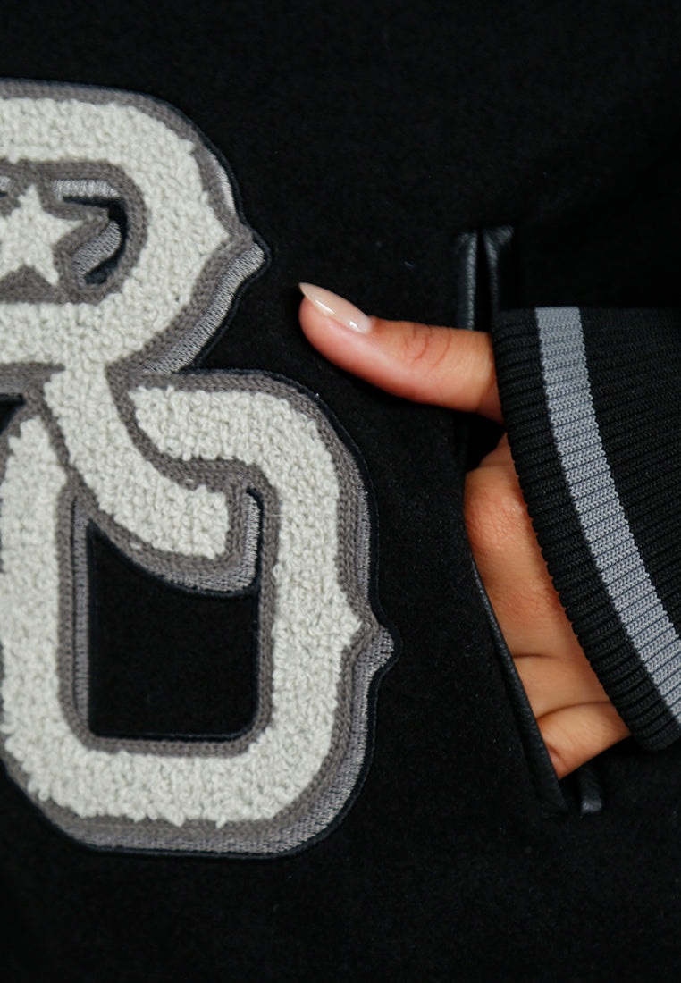 women logo patch varsity jacket#color_black