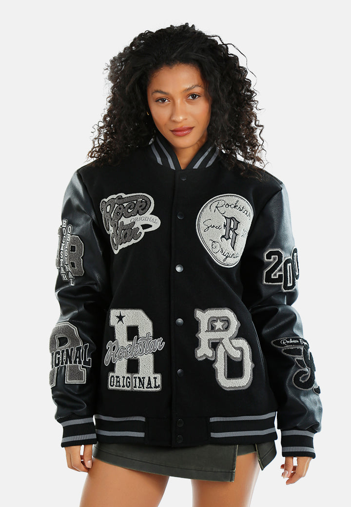 women logo patch varsity jacket#color_black
