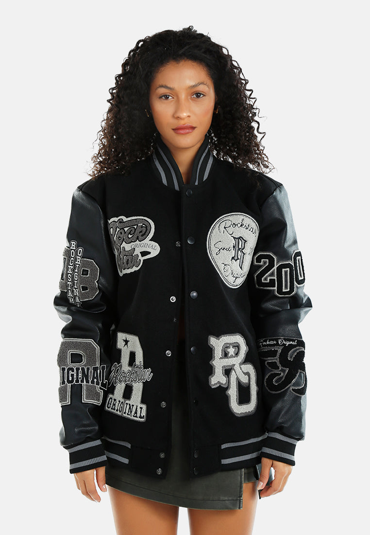 women logo patch varsity jacket#color_black