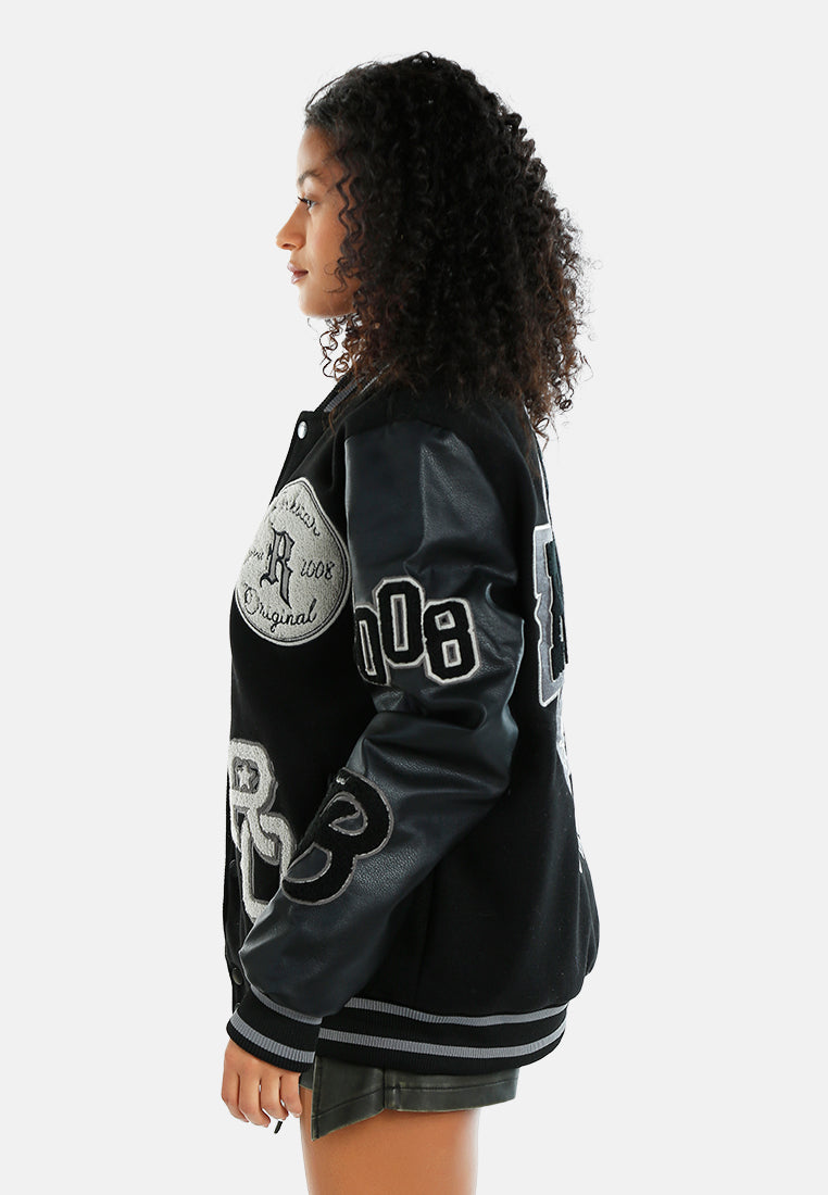 women logo patch varsity jacket#color_black