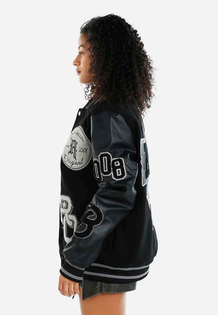 women logo patch varsity jacket#color_black