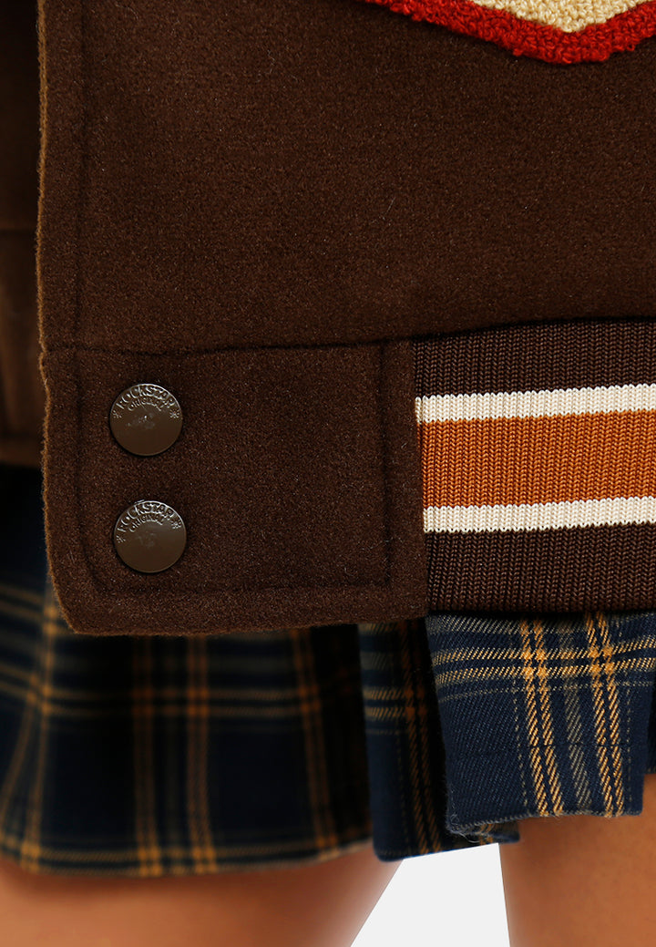 women logo patch snap button jacket#color_multicolor