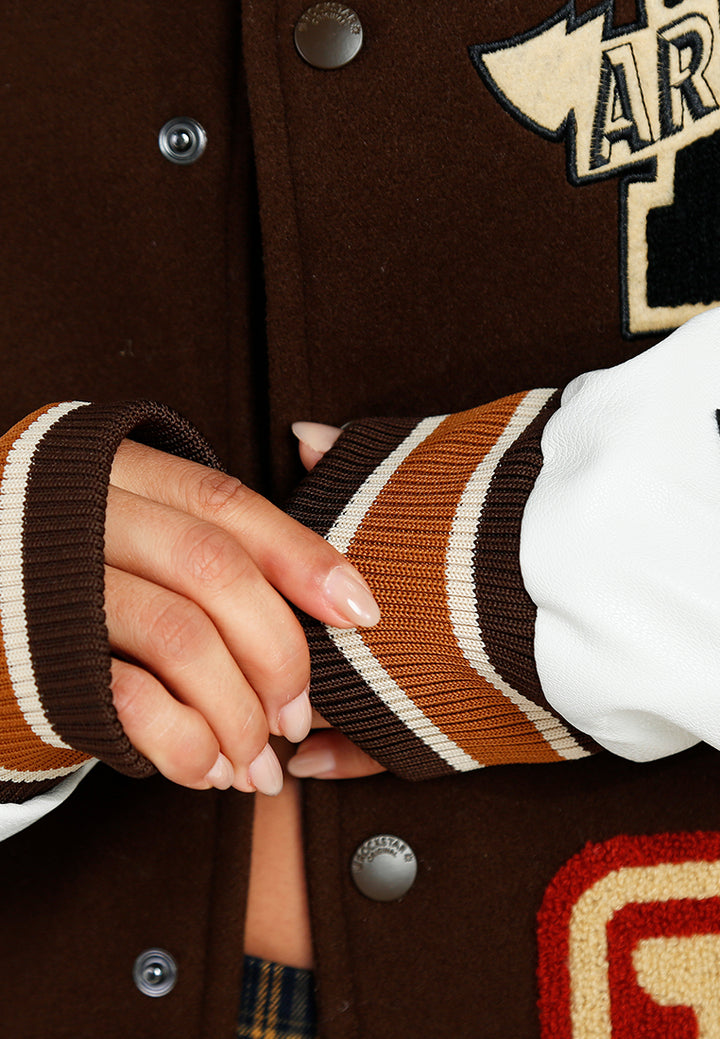 women logo patch snap button jacket#color_multicolor