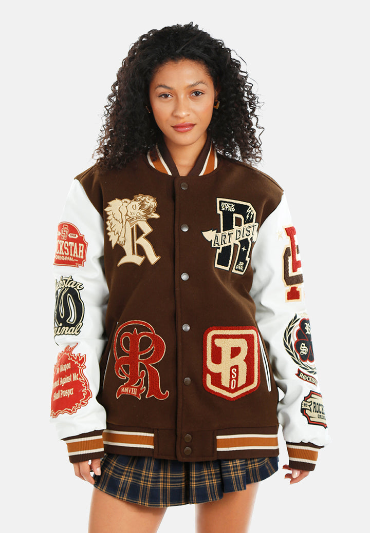 women logo patch snap button jacket#color_multicolor