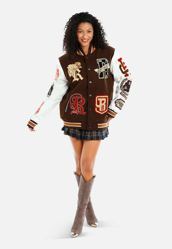 women logo patch snap button jacket#color_multicolor