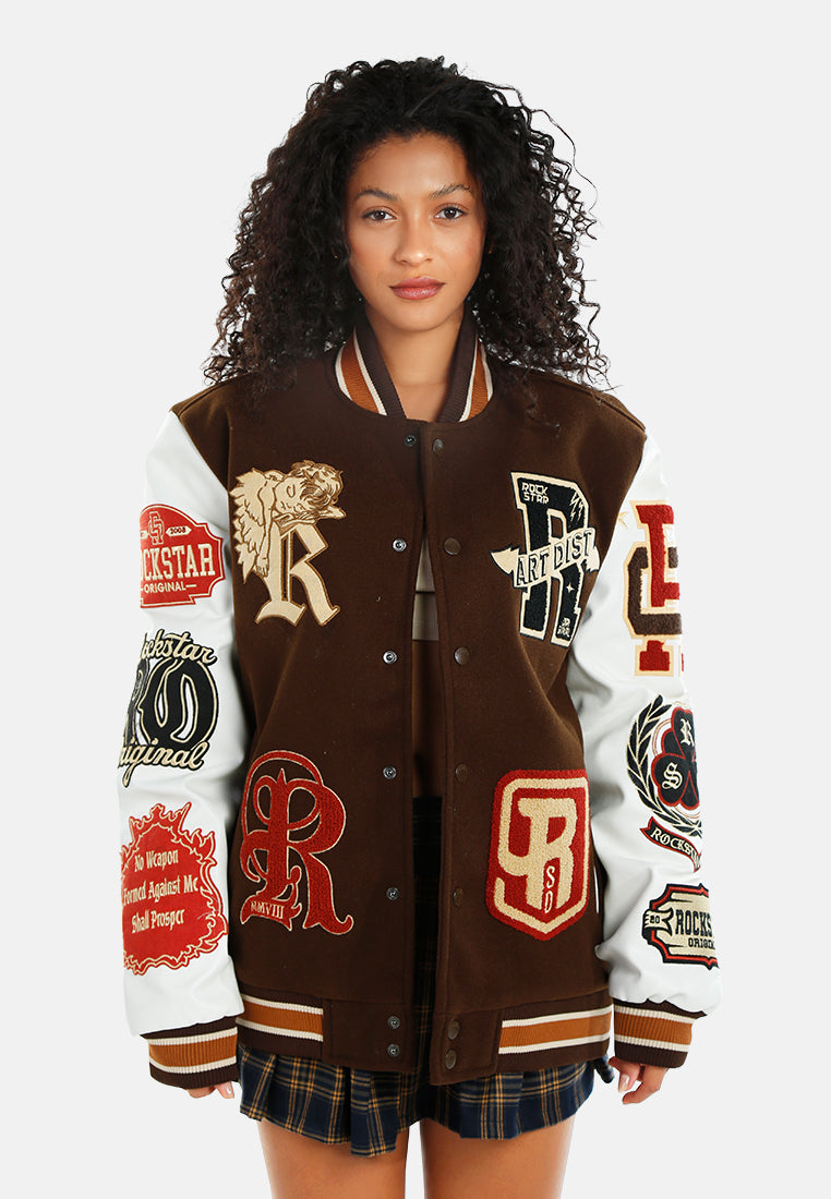 women logo patch snap button jacket#color_multicolor