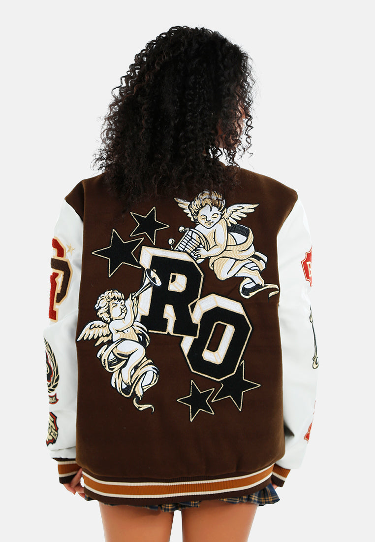 women logo patch snap button jacket#color_multicolor