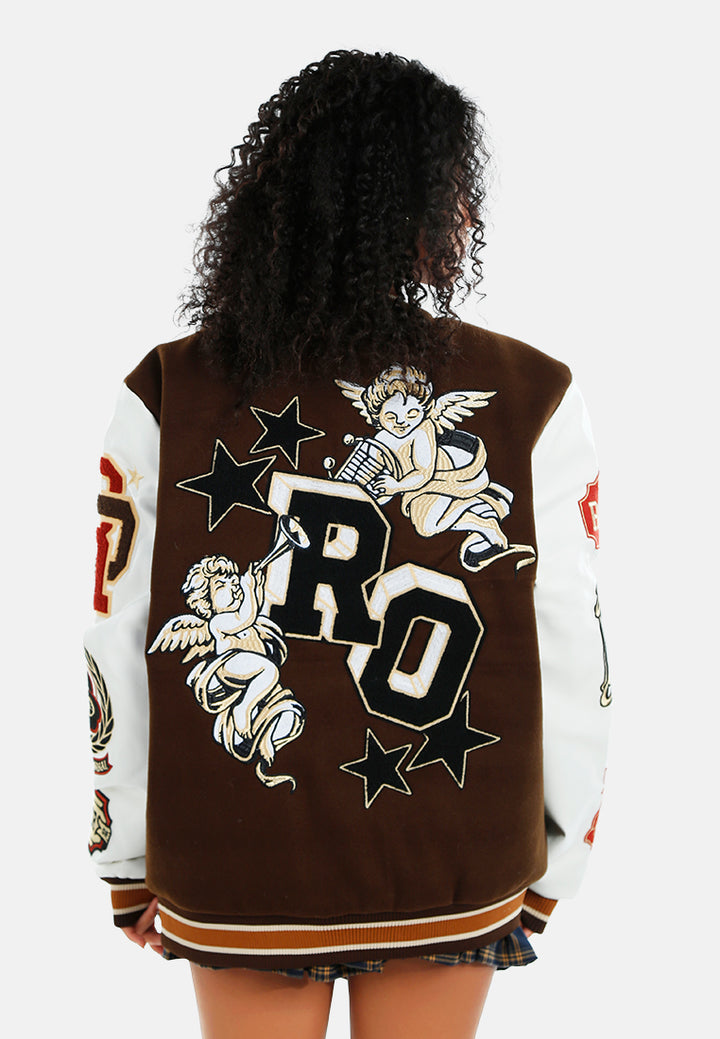 women logo patch snap button jacket#color_multicolor