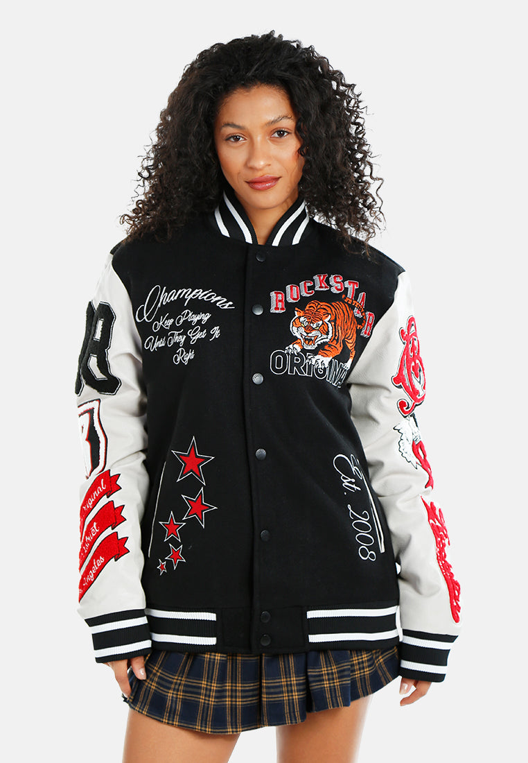 women patch detail varsity jacket#color_multicolor