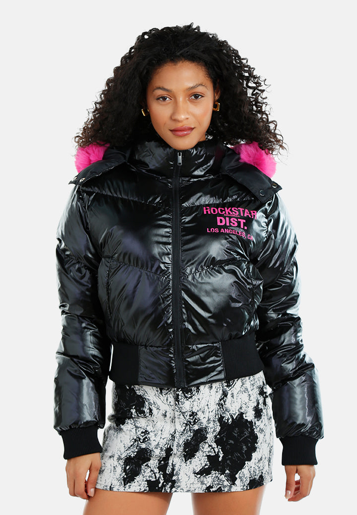 women faux fur hooded puffer jacket#color_black
