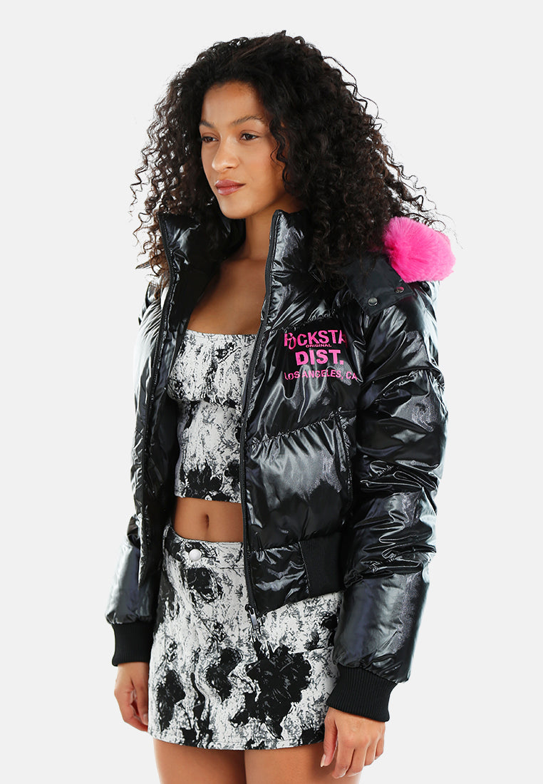 women faux fur hooded puffer jacket#color_black