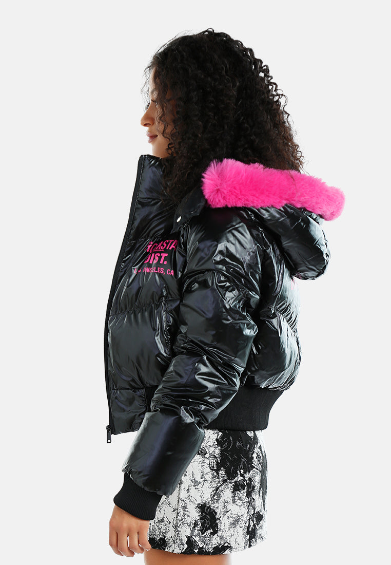 women faux fur hooded puffer jacket#color_black