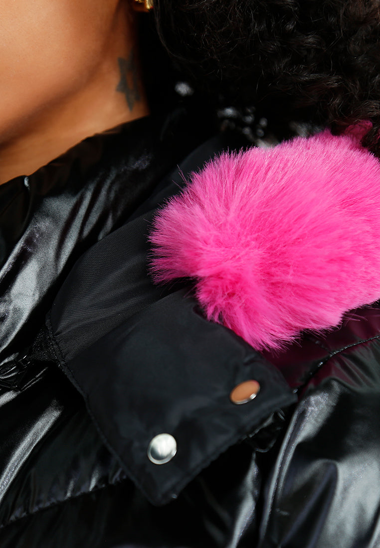 women faux fur hooded puffer jacket#color_black