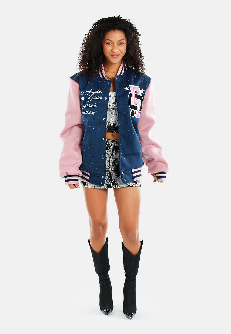 women rhinestones embellished varsity jacket#color_navy blue