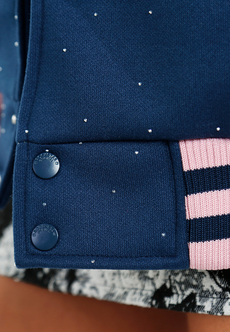 women rhinestones embellished varsity jacket#color_navy-blue