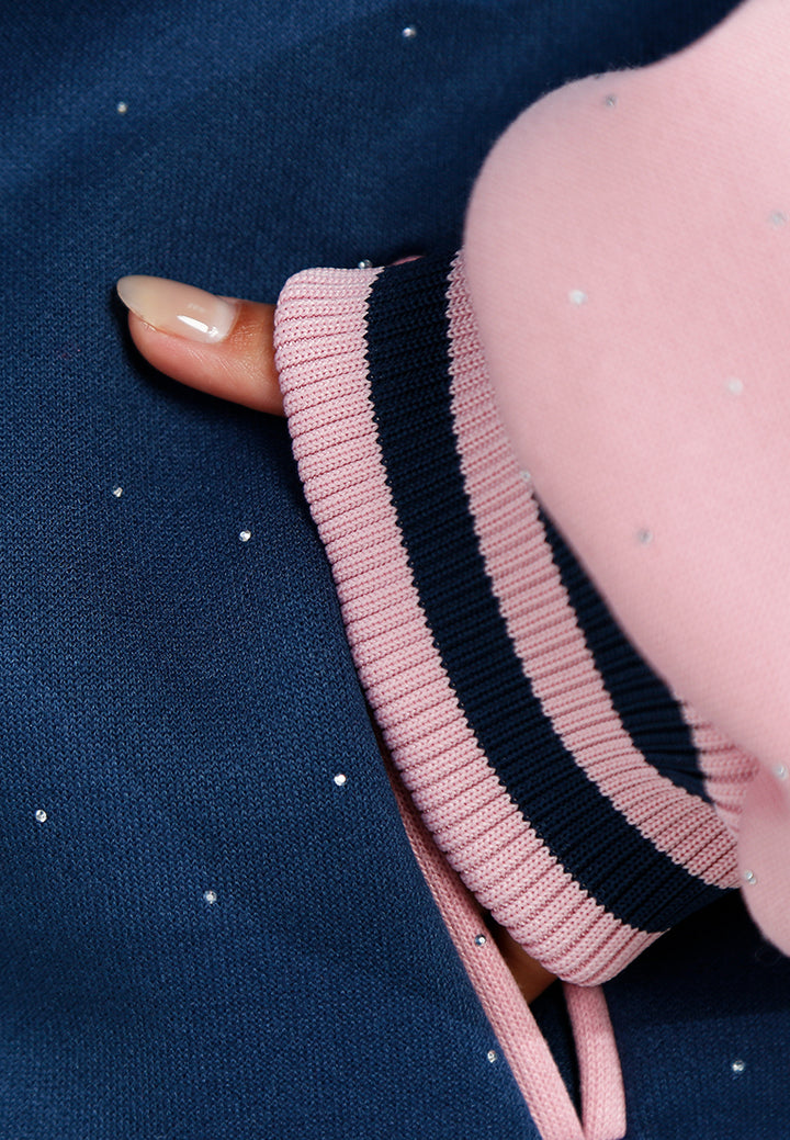 women rhinestones embellished varsity jacket#color_navy-blue