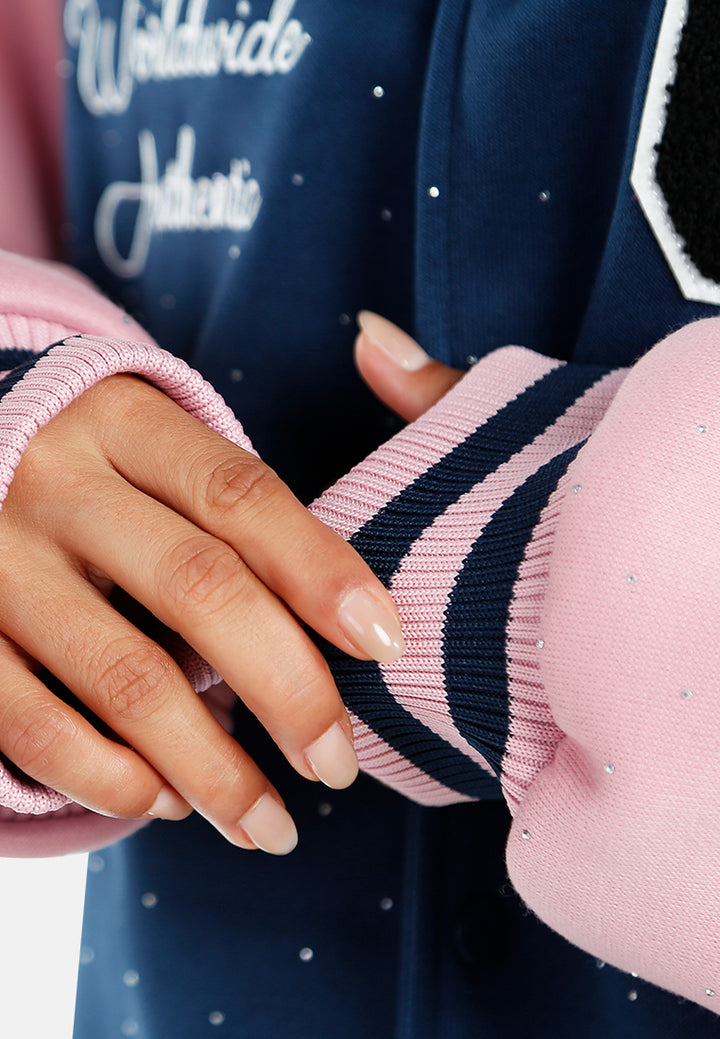 women rhinestones embellished varsity jacket#color_navy-blue