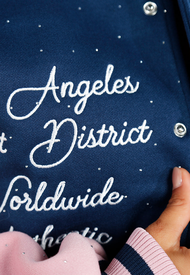 women rhinestones embellished varsity jacket#color_navy-blue