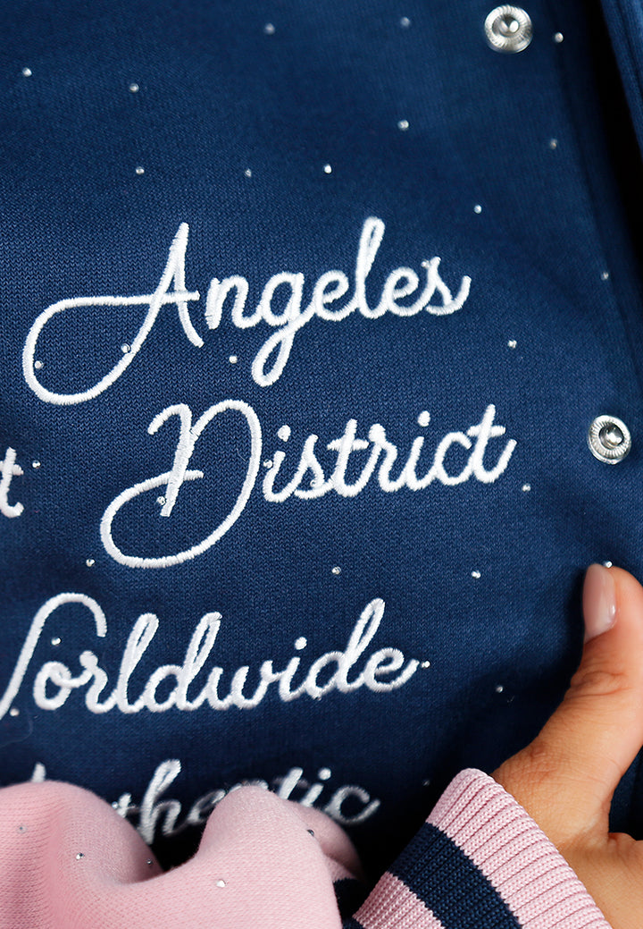 women rhinestones embellished varsity jacket#color_navy-blue