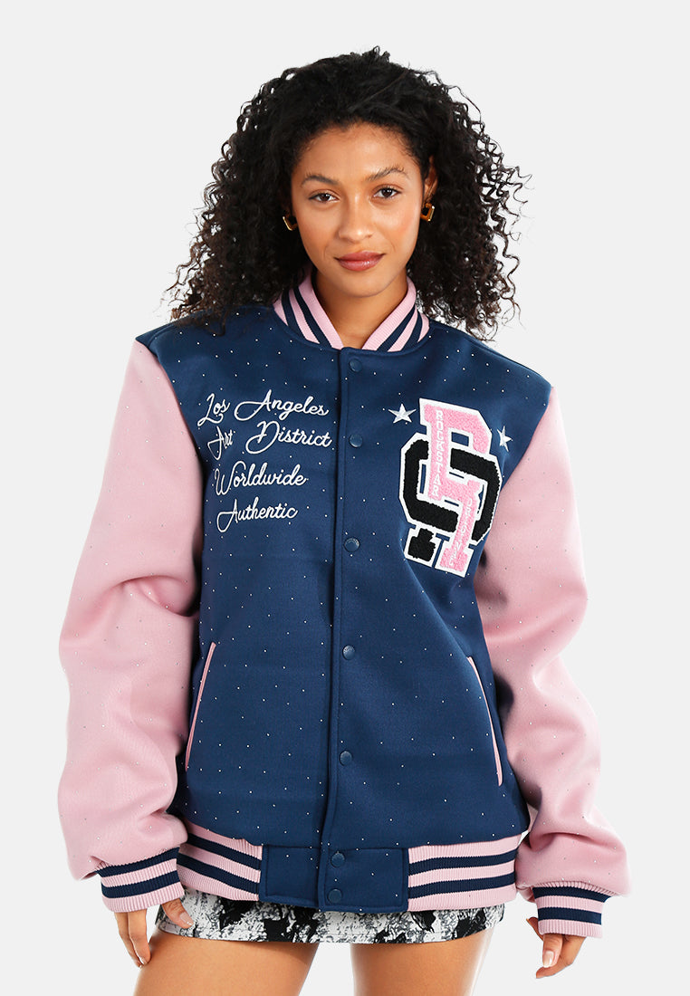 women rhinestones embellished varsity jacket#color_navy-blue