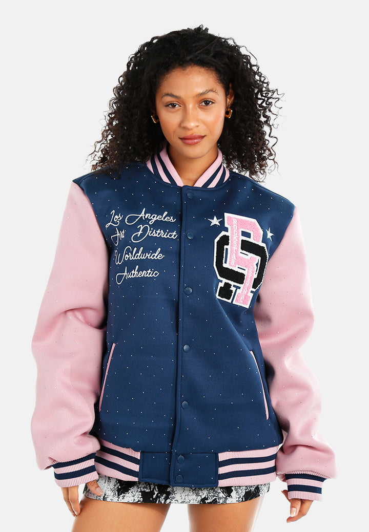 women rhinestones embellished varsity jacket#color_navy-blue