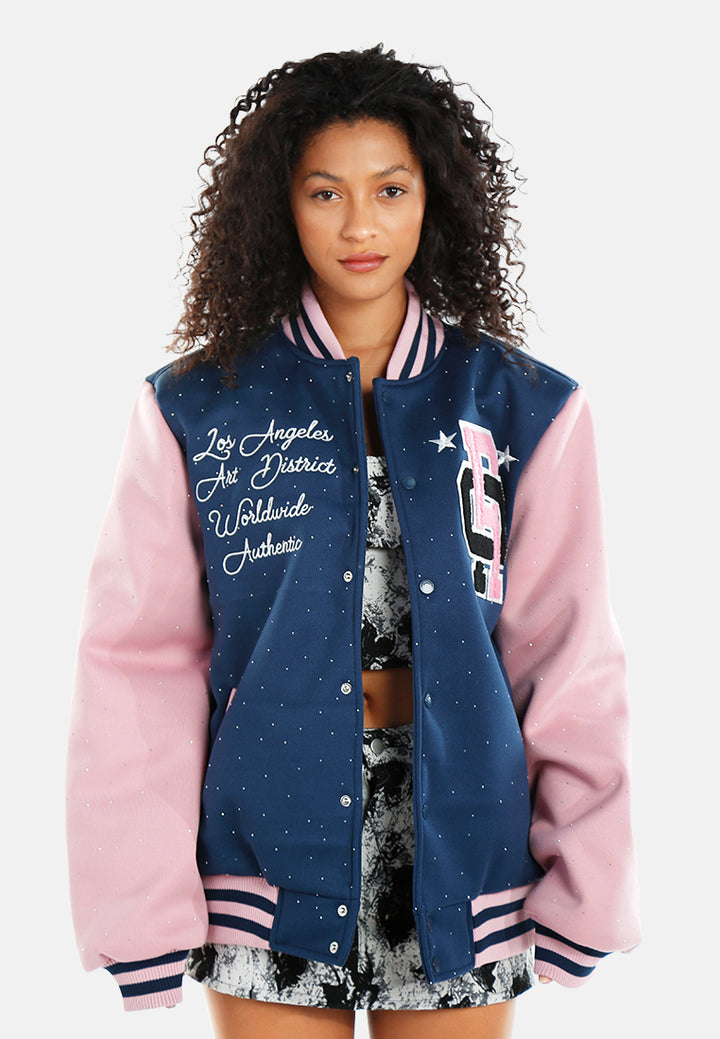 women rhinestones embellished varsity jacket#color_navy-blue
