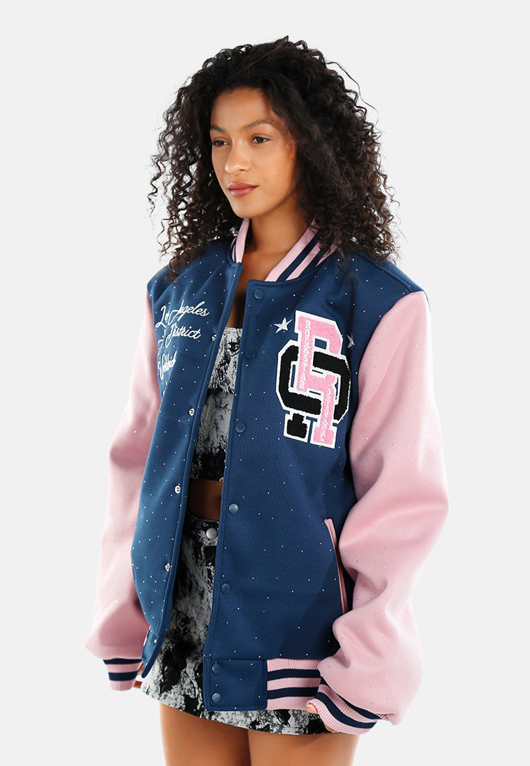Women Rhinestones Embellished Varsity Jacket