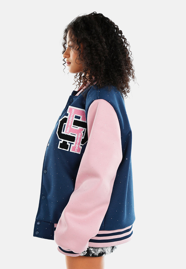 women rhinestones embellished varsity jacket#color_navy-blue
