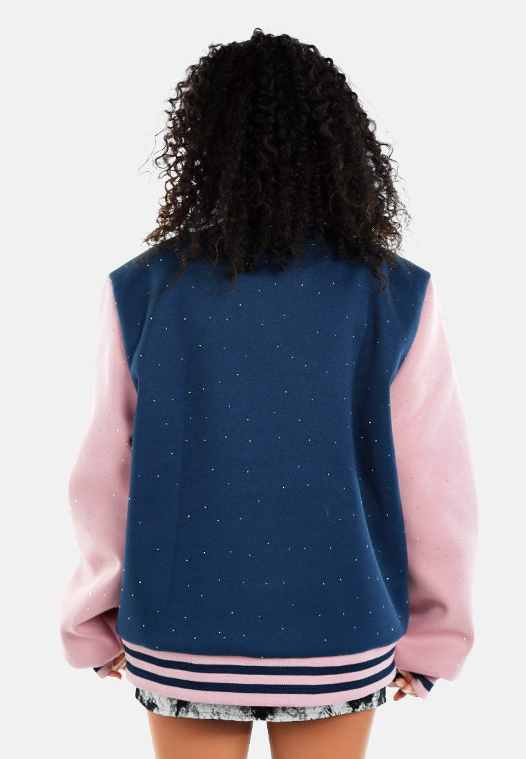 women rhinestones embellished varsity jacket#color_navy-blue