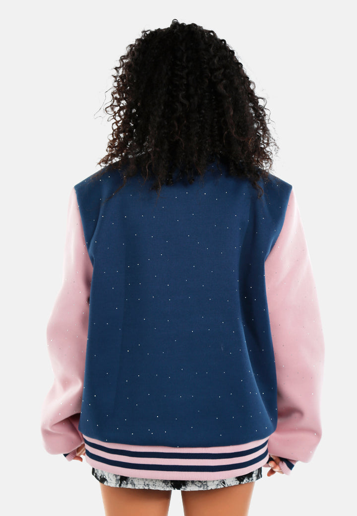 women rhinestones embellished varsity jacket#color_navy-blue
