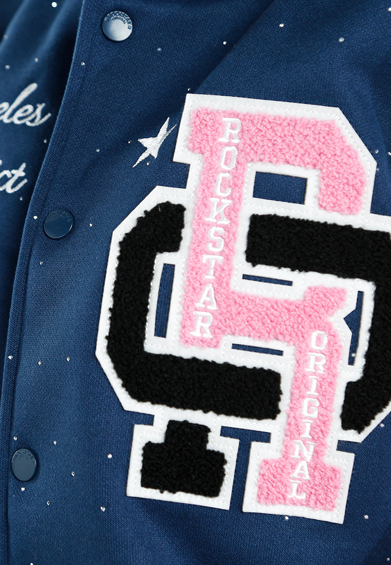 women rhinestones embellished varsity jacket#color_navy-blue