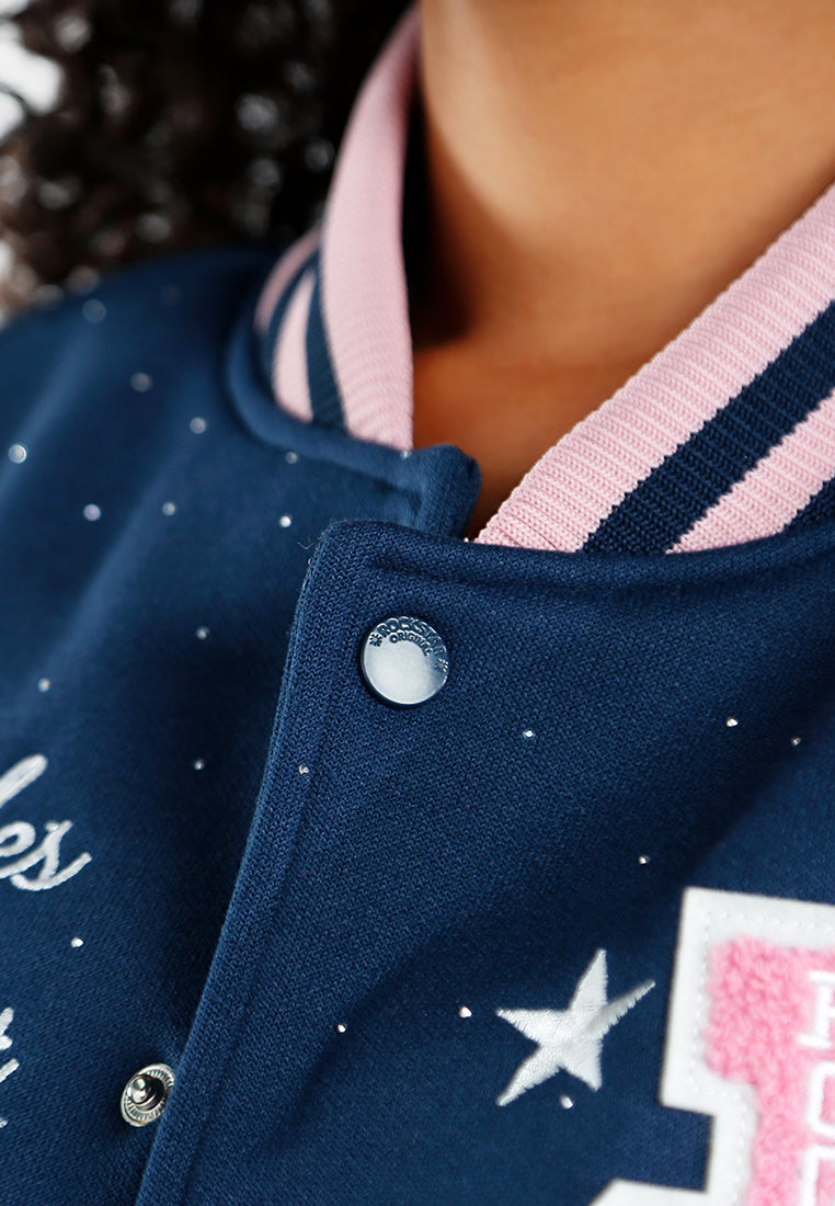 women rhinestones embellished varsity jacket#color_navy-blue
