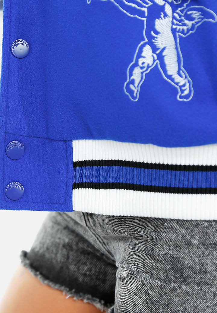 women embroidery detail varsity jacket#color_blue