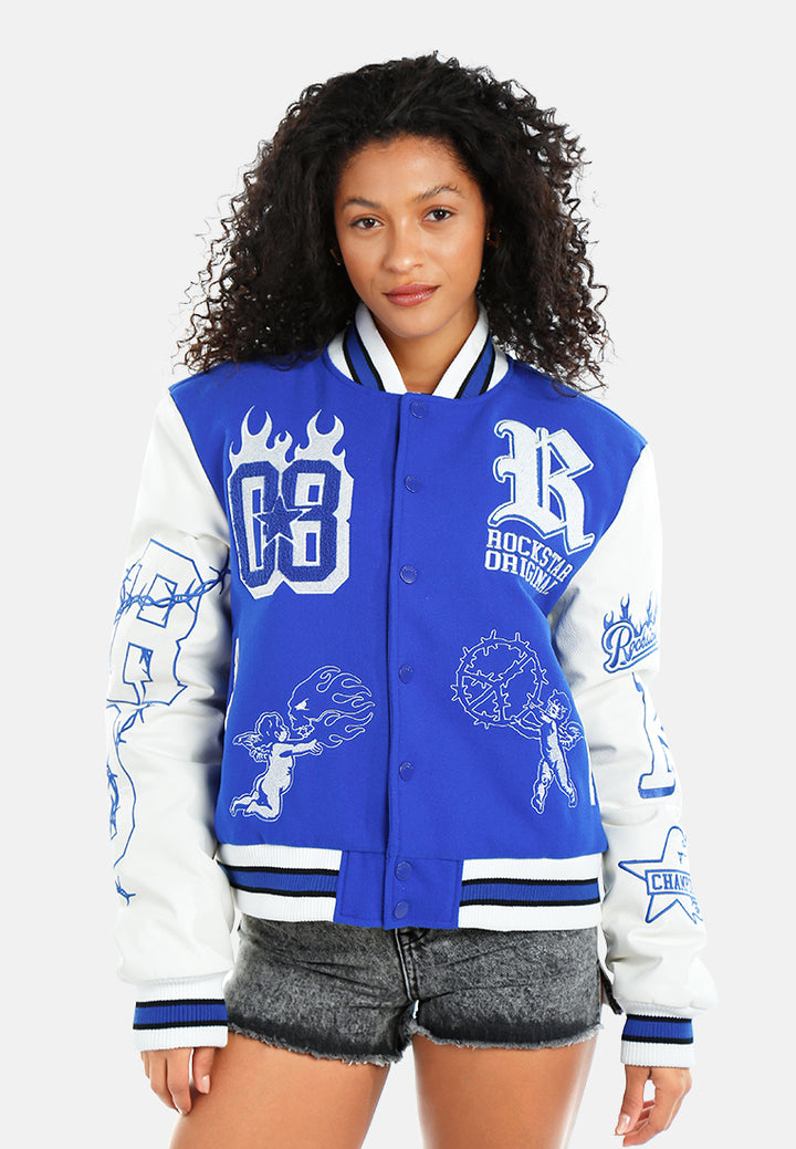 women embroidery detail varsity jacket#color_blue