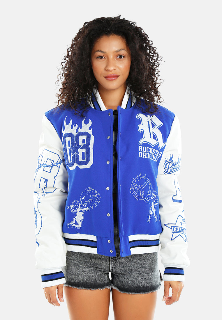 women embroidery detail varsity jacket#color_blue