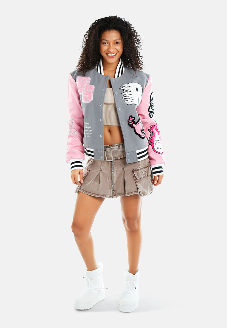 women patchwork varsity jacket#color_grey