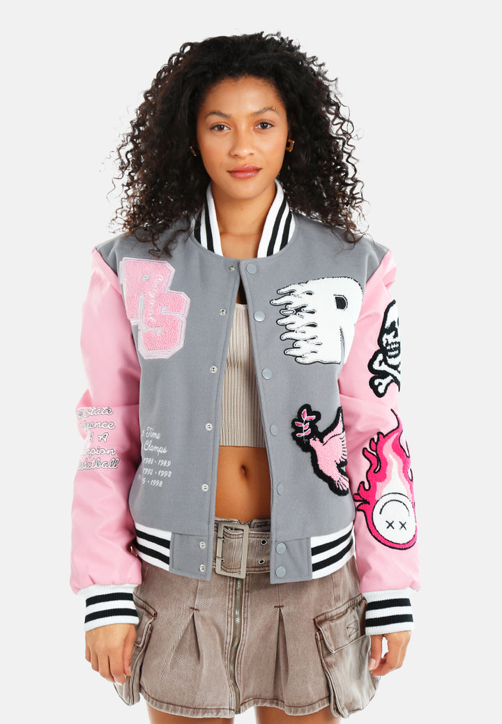 women patchwork varsity jacket#color_grey
