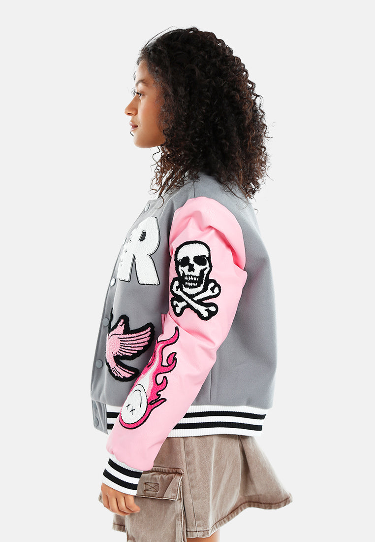 women patchwork varsity jacket#color_grey