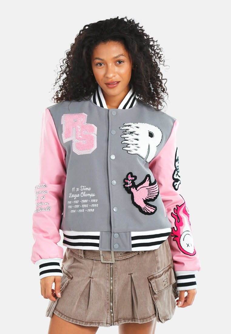 women patchwork varsity jacket#color_grey