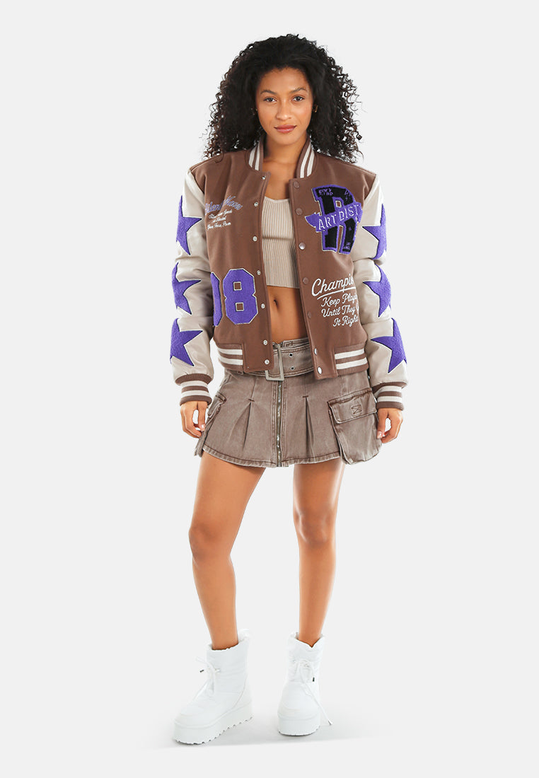 star patchwork varsity jacket#color_brown