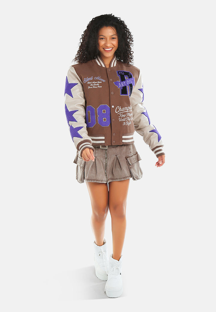 star patchwork varsity jacket#color_brown